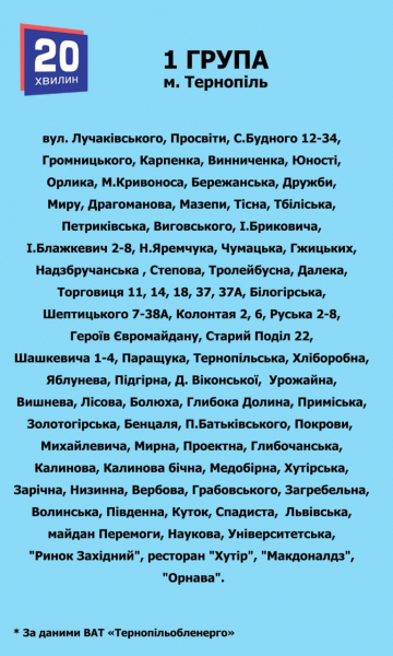 Світло вимикатимуть у Тернополі впродовж всього дня 17 червня