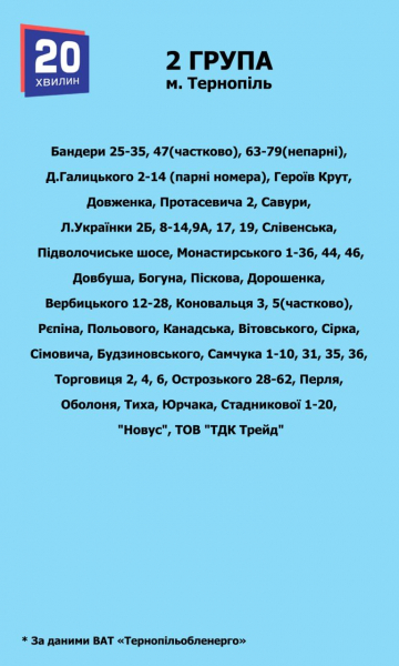 Світло вимикатимуть у Тернополі впродовж всього дня 17 червня