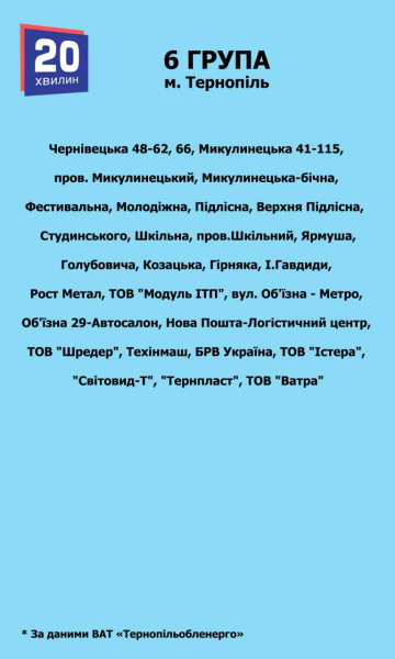 Світло вимикатимуть у Тернополі впродовж всього дня 17 червня