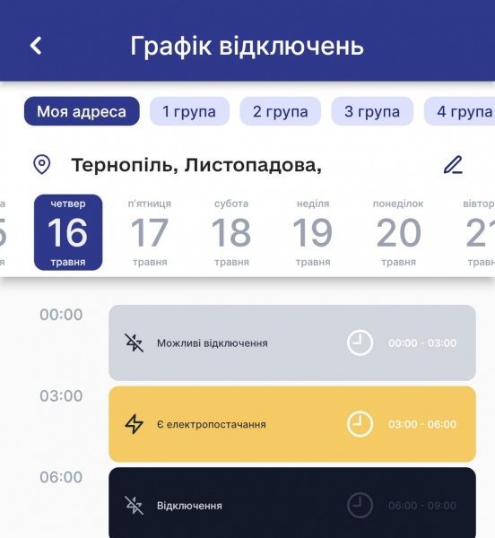 Графік відключення світла в Тернополі та області на 4 червня