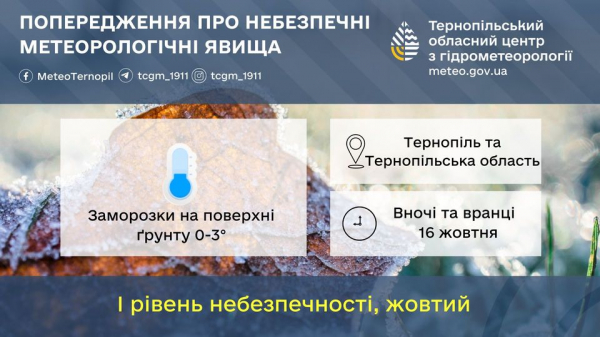 
Попередження про небезпеку: на Тернопільщині очікують заморозки