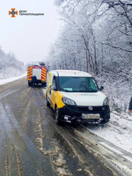 Наслідки снігопаду на Тернопільщині – авто “Укрпошти” злетіло з дороги. Фотофакт