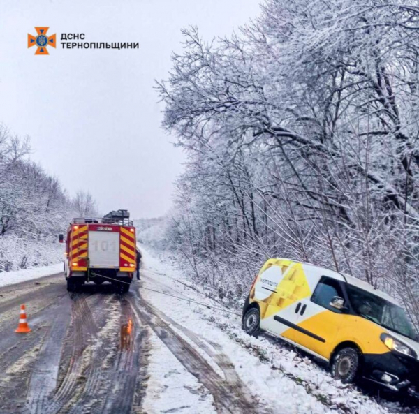 Наслідки снігопаду на Тернопільщині – авто “Укрпошти” злетіло з дороги. Фотофакт