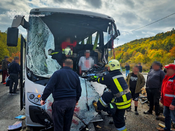 На Тернопільщині зіткнулися лісовоз і пасажирський автобус: водія затиснуло в салоні (фото)